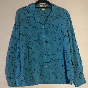 Vtg Notations Sz L Silky Teal Turquoise Relaxed Button Up Black Leaf Print